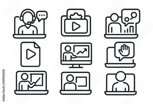 Line style icons of online training: virtual training icon, video tutorial badge, webinar tag, e-learning file, online platform board, remote session chart, digital interaction bubble, online