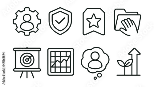 Line style icons of skill development: skill icon, competency badge, expertise tag, hands-on learning file, mastery board, technique chart, skill practice bubble, growth symbol.