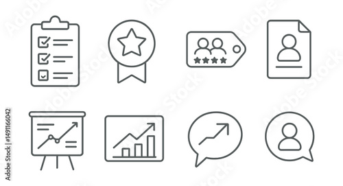 Line style icons of feedback in mentoring: feedback form icon, evaluation badge, review session tag, reflection file, progress assessment board, performance chart, improvement bubble, mentor feedback