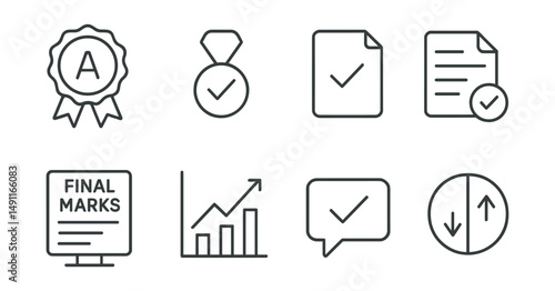 Line style icons of exam results: grade icon, score badge, passed exam tag, exam report file, final marks board, results chart, feedback bubble, outcome symbol.