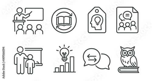 Line style icons of knowledge sharing: lecture icon, knowledge transfer badge, expert advice tag, group discussion file, mentorship board, shared ideas chart, knowledge exchange bubble, wisdom symbol