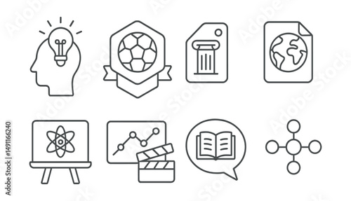 Line style icons of quiz categories: general knowledge icon, sports quiz badge, history quiz tag, geography quiz file, science quiz board, entertainment chart, literature bubble, topic-based symbol.