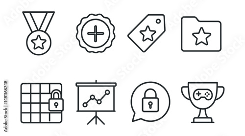 Line style icons of quiz rewards: reward icon, bonus points badge, achievement tag, prize file, unlockable rewards board, challenge points chart, achievement unlocked bubble, game prize symbol.