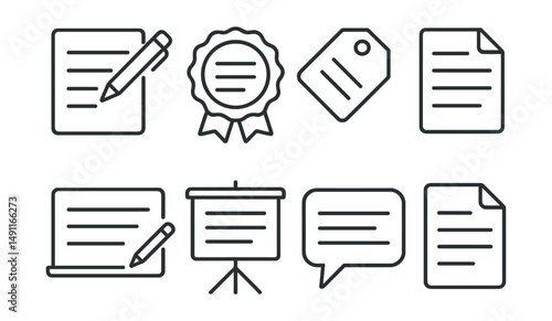 Line style icons of written tests: written answer icon, essay badge, exam paper tag, long answer file, writing response board, written section chart, composition bubble, essay test symbol.