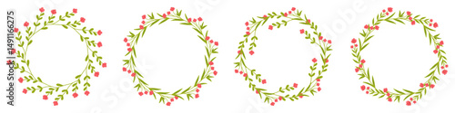Set of flower and leaf frames. Floral round frame. Hand drawn simple botanical round frame, laurel, wreath with flowers. Elegant vector illustration for wedding invitation, card, logo.