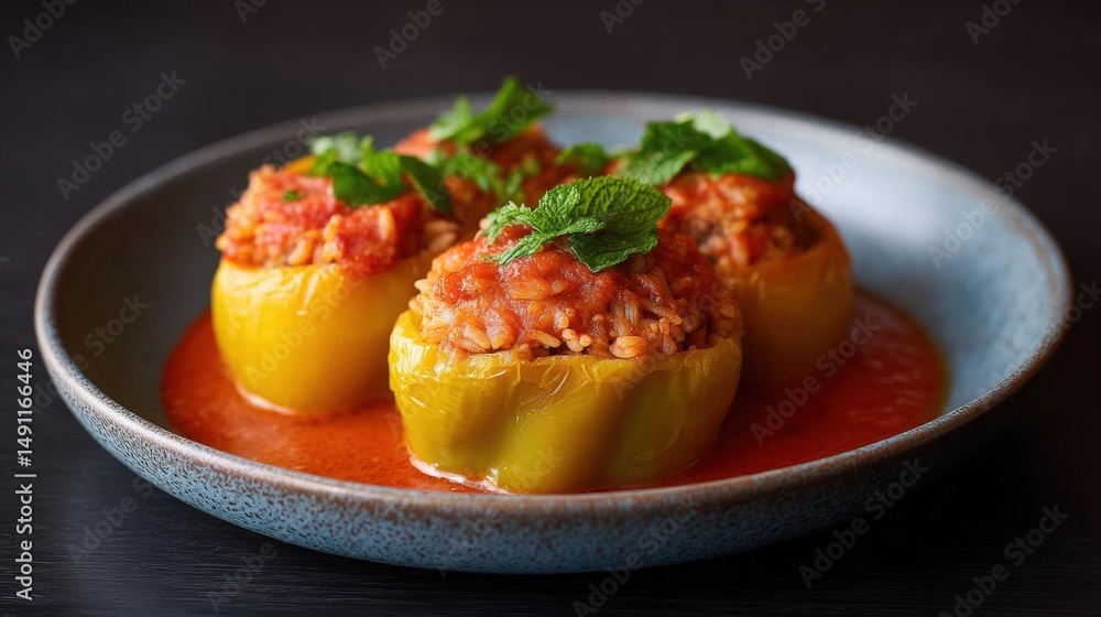 Plate of stuffed bell peppers. the bell peppers are yellow in color and are stuffed with a mixture of red meat and rice. the dish is garnished with fresh mint leaves. Plate of stuffed bell peppers. the bell peppers are yellow in color and are stuffed with a mixture of red meat and rice. the dish is garnished with fresh mint leaves.