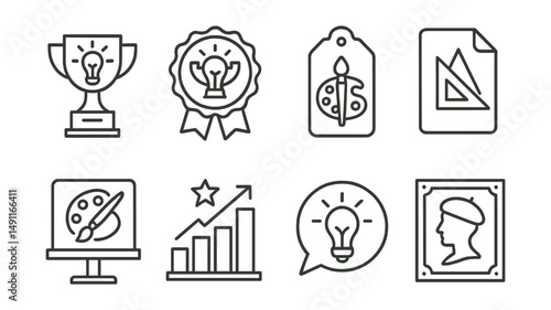Line style icons of creative awards: creativity trophy icon, innovation cup badge, artistic achievement tag, design excellence file, artist award board, creative success chart, inspiration bubble,