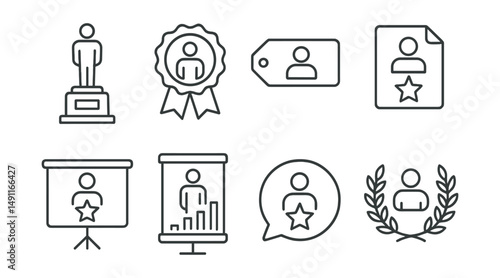 Line style icons of lifetime achievement trophies: career trophy icon, legacy award badge, lifetime service tag, exceptional contribution file, long-term achievement board, career recognition chart,