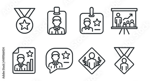 Line style icons of leadership medals: leadership medal icon, top executive badge, outstanding manager tag, leadership achievement file, team guide board, leadership recognition chart, management