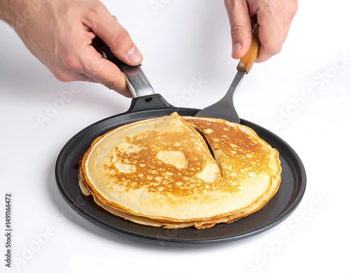Pancakes cooking pancakes in a pan with spatulas on white backdrop, flatlay, studio shot
