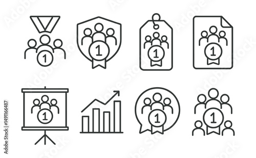 Line style icons of team achievement medals: group medal icon, team honor badge, collective effort tag, collaboration award file, group success board, teamwork chart, team spirit bubble, shared