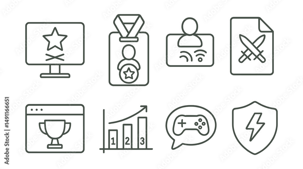 Line style icons of online competitions: digital contest icon, virtual event badge, online player tag, online challenge file, web competition board, leaderboard chart, digital game bubble, e-sports Line style icons of online competitions: digital contest icon, virtual event badge, online player tag, online challenge file, web competition board, leaderboard chart, digital game bubble, e-sports