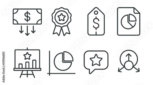 Line style icons of prize distribution: payout icon, reward badge, prize split tag, distribution chart file, prize allocation board, earning breakdown chart, award bubble, distribution symbol.