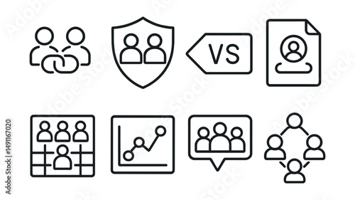 Line style icons of multiplayer games: co-op icon, team battle badge, competitive tag, online match file, player grouping board, ranking chart, leaderboard bubble, multiplayer symbol.