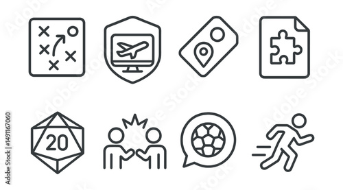 Line style icons of game genres: strategy icon, simulation badge, adventure tag, puzzle file, role-playing board, fighting chart, sports game bubble, action genre symbol.