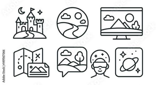 Line style icons of virtual worlds: fantasy world icon, open world badge, virtual environment tag, immersive game file, virtual landscape board, map chart, interactive environment bubble, virtual