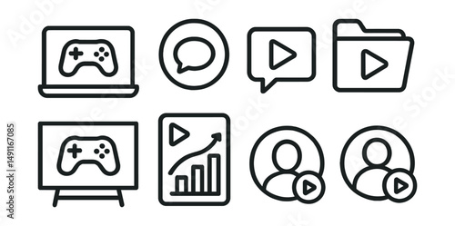 Line style icons of streaming content: gameplay icon, commentary badge, live reaction tag, streaming channel file, gaming content board, entertainment chart, live video bubble, content creator symbol