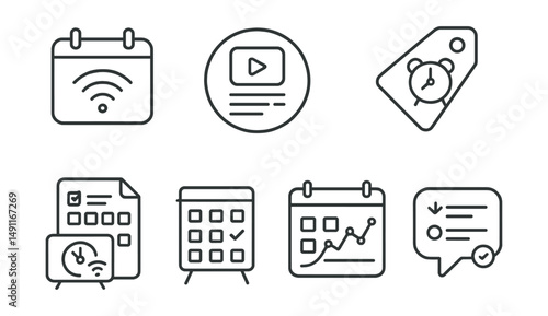 Line style icons of stream schedules: stream calendar icon, episode schedule badge, event reminder tag, weekly plan file, streaming time board, calendar chart, stream date bubble, planning symbol.