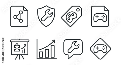 Line style icons of game mods: mod icon, modification badge, custom content tag, game feature file, mod loader board, game enhancement chart, user mod bubble, custom game symbol.