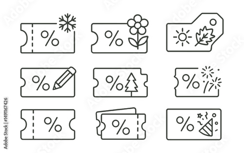 Line style icons of seasonal coupon campaigns: winter discount slip, spring promo card, summer voucher icon, fall deal tag, back-to-school offer, holiday coupon pack, festival ticket icon, new year