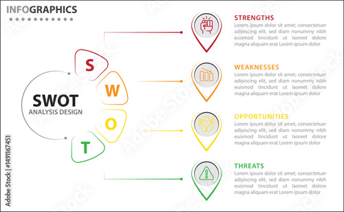 SWOT analysis infographic. Vector illustration for strategic business planning. Comparison chart. Advantages and Disadvantages of company. Infographic design template. Vector illustration. SWOT icon