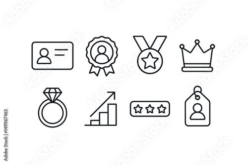 Line style icons of membership tiers: bronze member card, silver user badge, gold level icon, platinum status crown, diamond level ring, tier step-up arrow, progress bar with stars, premium user tag.