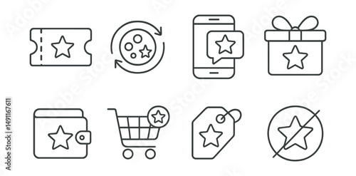 Line style icons of bonus redemption: bonus redemption ticket, convert points to bonus icon, claim bonus screen, receive gift box icon, add bonus to wallet, apply reward in checkout, redeem link tag,