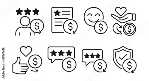 Line style icons of cashback feedback and trust: user rating + cashback, reviewed + rewarded icon, satisfaction + rebate combo, thank-you cashback symbol, customer loyalty refund, bonus for positive