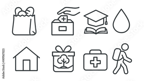 Line style icons of donation causes from purchases: food bag icon, medicine box donation, education icon + open book, clean water drop, shelter symbol, reforestation gift, health care kit, refugee