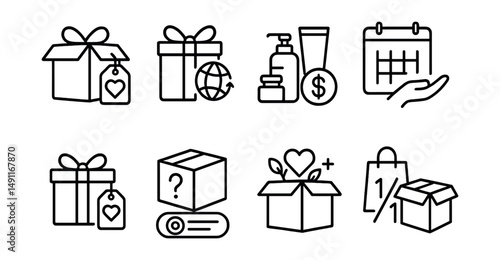 Line style icons of charity bundles: care package + heart tag, gift box + mission icon, product trio + donation badge, monthly subscription with giveback, birthday box + charity tag, mystery box +