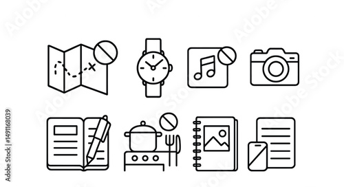 Line style icons of phone-free habits: paper map + no GPS icon, analog watch symbol, offline playlist card, camera instead of stories icon, journal with pen tag, kitchen without screen symbol,