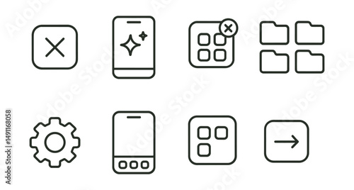 Line style icons of decluttering digital space: delete app icon, clean home screen, remove notification badge, organize folder grid, simplify settings icon, declutter phone tray, screen with 4 icons,