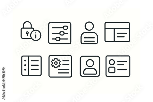 Line style icons of minimal user settings: privacy toggle + info, three toggles screen, profile with 2 fields icon, simple dashboard layout, icon-only menu, setting page with 4 items, basic profile