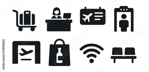 Solid style icons of airport experience: luggage trolley, check-in desk, departure board, security scanner, boarding gate, duty-free bag, airport Wi-Fi, waiting lounge.