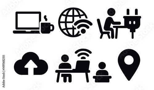Solid style icons of digital nomad lifestyle: laptop and coffee, travel Wi-Fi, remote workspace, plug adapter, cloud storage icon, coworking space, mobile hotspot, location tag.
