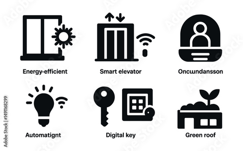 Solid style icons of smart building features: energy-efficient window, smart elevator, connected HVAC, occupancy sensor, automated lighting, digital key, access panel, green roof.