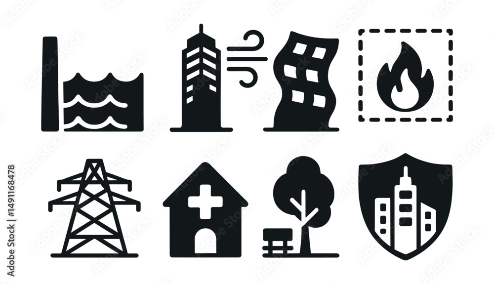 Solid style icons of urban resilience: flood wall, wind-proof tower, flexible structure, fire-resistant zone, backup grid, emergency shelter, climate buffer, safe city icon. Solid style icons of urban resilience: flood wall, wind-proof tower, flexible structure, fire-resistant zone, backup grid, emergency shelter, climate buffer, safe city icon.