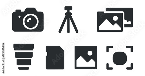 Solid style icons of travel photography: DSLR camera, tripod icon, photo gallery, sunset shot, landscape lens, memory card, snapshot icon, framing guide.