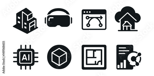 Solid style icons of digital architecture tools: BIM model, VR headset, parametric app, cloud-based sketch, AI design tool, 3D viewer icon, tablet with floorplan, data overlay.