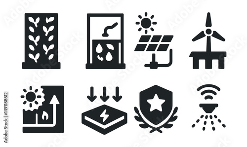 Solid style icons of green building technologies: vertical garden wall, solar glass panel, greywater system, rooftop wind turbine, thermal insulation icon, energy capture floor, green rating badge,