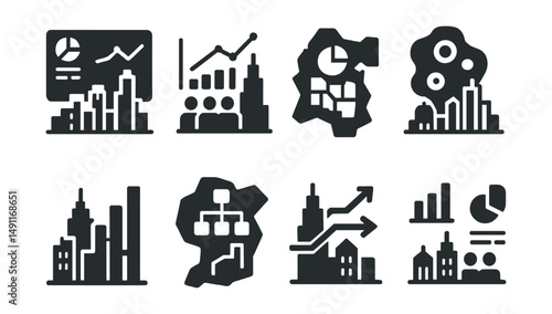 Solid style icons of city data visualization: skyline dashboard, population graph, zoning chart, heat map city, vertical bar over buildings, flow chart over map, movement overlay, civic stats.