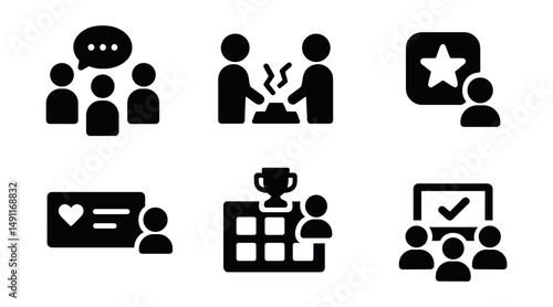 Solid style icons of remote team rituals: daily standup, icebreaker icon, team retro board, recognition star, virtual coffee icon, kudos card, win wall, end-of-week wrap.