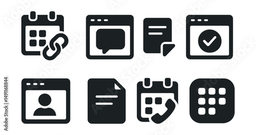 Solid style icons of integrated work apps: calendar link, chat dock, file browser, task plug-in, CRM tab, note widget, call scheduler, app center icon.