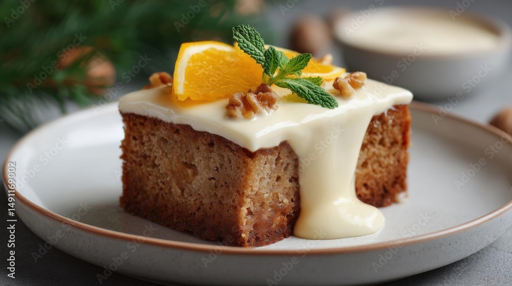 Slice of cake on a white plate. the cake appears to be a carrot cake with a golden brown crust and a drizzle of white icing on top. Slice of cake on a white plate. the cake appears to be a carrot cake with a golden brown crust and a drizzle of white icing on top.