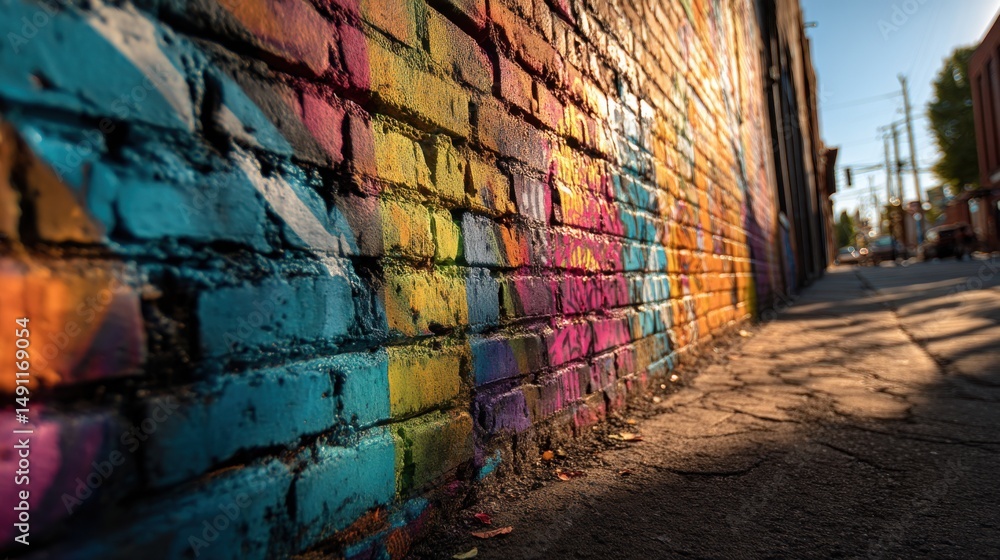 Fototapeta premium Colorful Graffiti Brick Wall Along City Street, Representing Urban Art and Community Expression, Ideal for Street Photography or Creative Projects : Generative AI