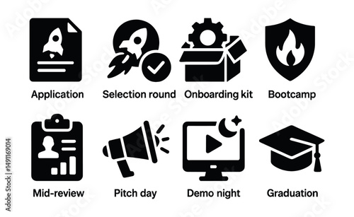 Solid style icons of startup program stages: application icon, selection round, onboarding kit, bootcamp badge, mid-review, pitch day, demo night, graduation icon.