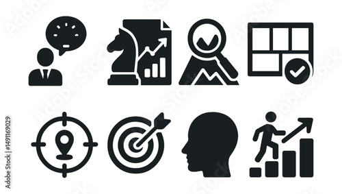 Solid style icons of entrepreneurship essentials: elevator pitch, venture strategy, opportunity scan, business canvas, competitor map, niche market, founder mindset, market entry.