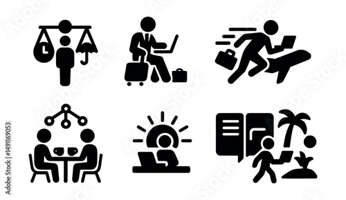 Solid style icons of entrepreneur lifestyle: work-life balance, mobile office, hustle mindset, travel with laptop, network coffee, sunrise work, notebook icon, creative escape.