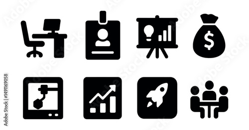 Solid style icons of startup incubator essentials: startup desk, mentor badge, pitch deck, funding goal, prototype icon, growth chart, incubator logo, shared space.
