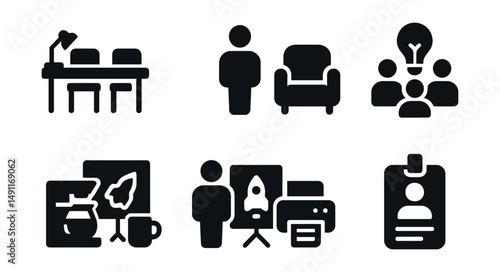 Solid style icons of coworking incubation space: shared desk, hot seat icon, common room, startup cluster, coffee station, pitch wall, smart printer, incubator ID.